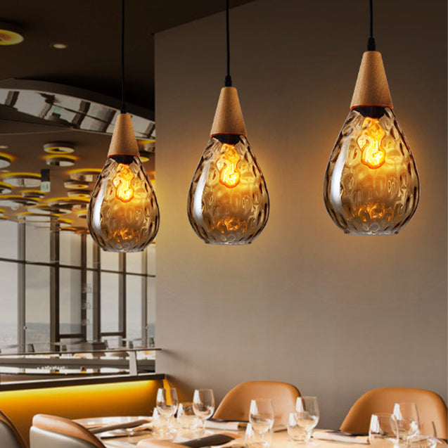 Modern Minimalist Water Drop Glass Wood 1-light Pendant Light for Dining Room BulbSquare