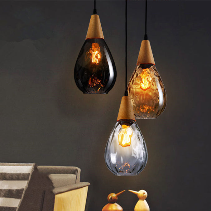 Modern Minimalist Water Drop Glass Wood 1-light Pendant Light for Dining Room BulbSquare