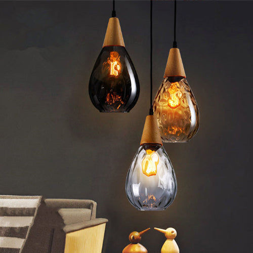 Modern Minimalist Water Drop Glass Wood 1-Light Pendant Light For Dining Room