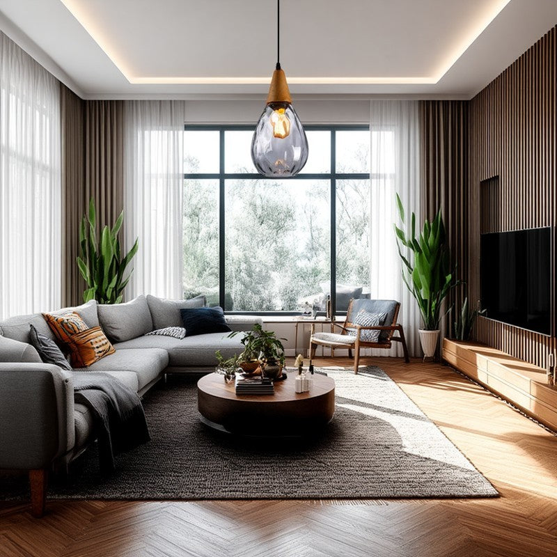 Modern Minimalist Water Drop Glass Wood 1-light Pendant Light for Dining Room BulbSquare