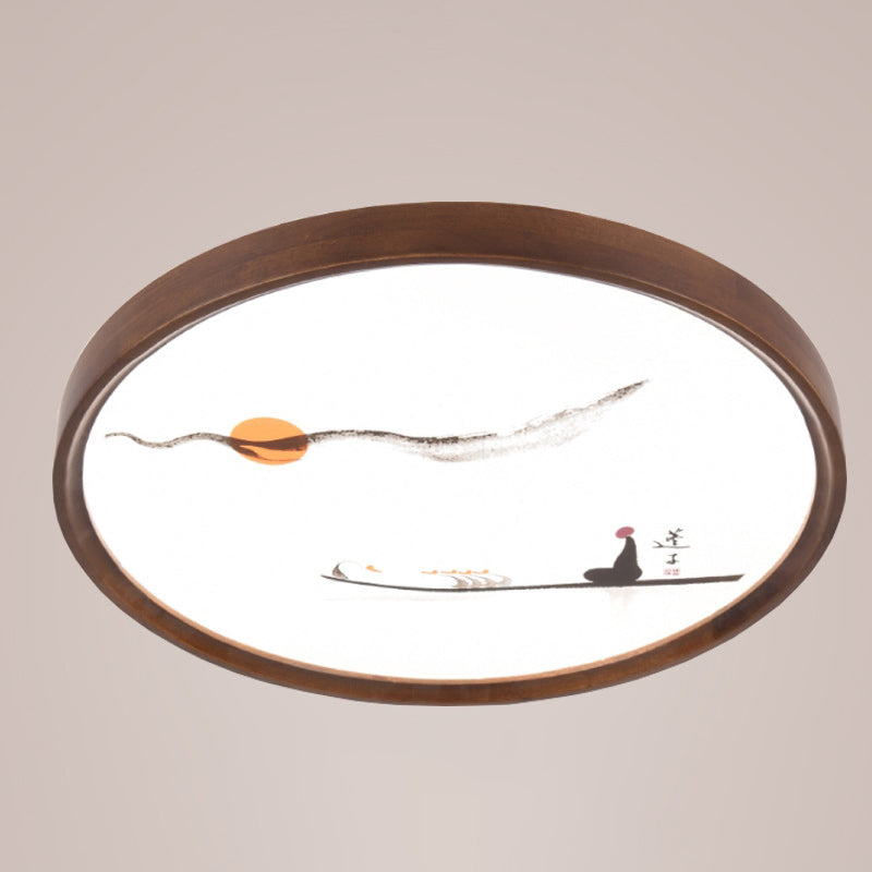 Traditional Chinese Round Oak Wood Acrylic LED Flush Mount Ceiling Light for Bedroom