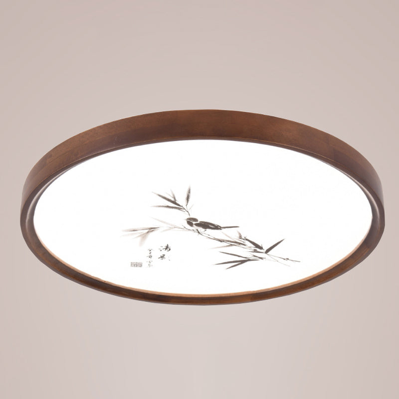 Traditional Chinese Round Oak Wood Acrylic LED Flush Mount Ceiling Light for Bedroom
