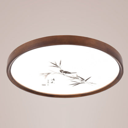 Traditional Chinese Round Oak Wood Acrylic LED Flush Mount Ceiling Light for Bedroom