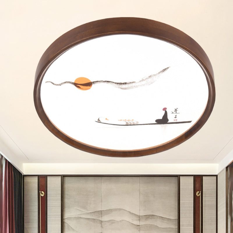 Traditional Chinese Round Oak Wood Acrylic LED Flush Mount Ceiling Light for Bedroom