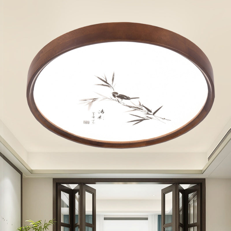 Traditional Chinese Round Oak Wood Acrylic LED Flush Mount Ceiling Light for Bedroom