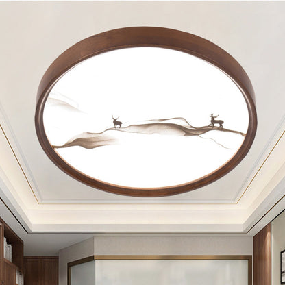 Traditional Chinese Round Oak Wood Acrylic LED Flush Mount Ceiling Light for Bedroom
