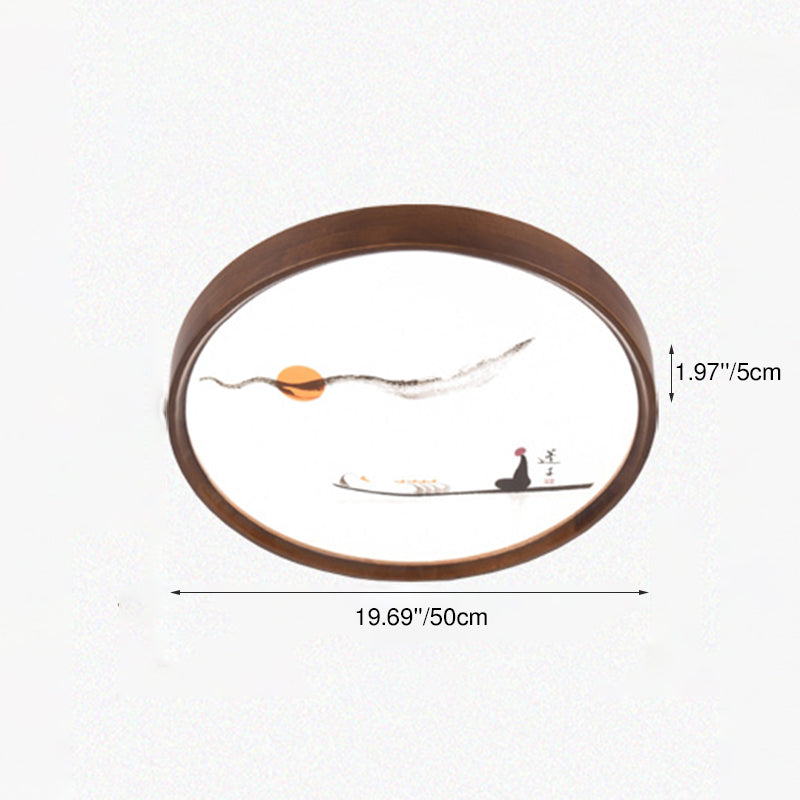 Traditional Chinese Round Oak Wood Acrylic LED Flush Mount Ceiling Light for Bedroom