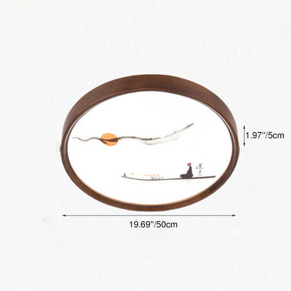 Traditional Chinese Round Oak Wood Acrylic LED Flush Mount Ceiling Light for Bedroom