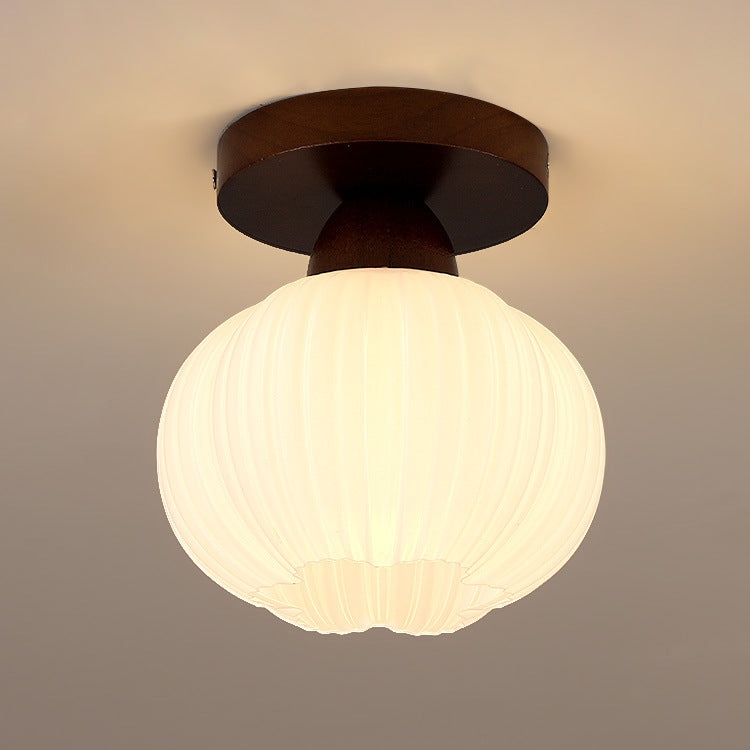 Contemporary Nordic Solid Wood Acrylic Round Floral Stripe 1-light Semi-flush Mount Ceiling Light for Hallway