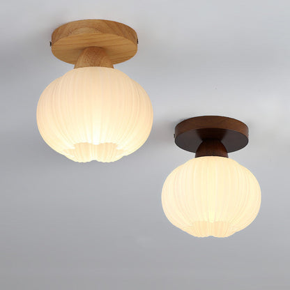 Contemporary Nordic Solid Wood Acrylic Round Floral Stripe 1-light Semi-flush Mount Ceiling Light for Hallway