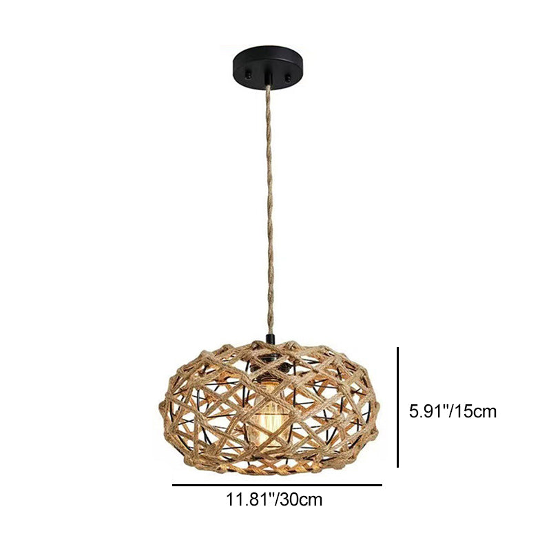 Traditional Rustic Iron & Rattan Woven Round 1-Light Adjustable Pendant Light For Bedroom & Living Room