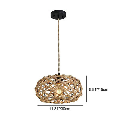 Traditional Rustic Iron & Rattan Woven Round 1-Light Adjustable Pendant Light For Bedroom & Living Room