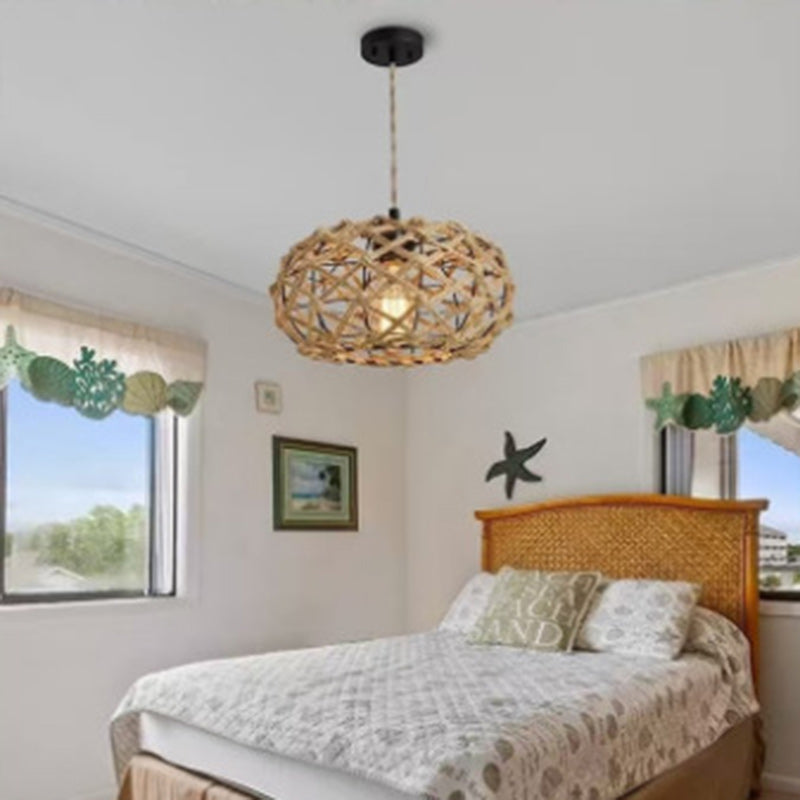Traditional Rustic Iron & Rattan Woven Round 1-Light Adjustable Pendant Light For Bedroom & Living Room