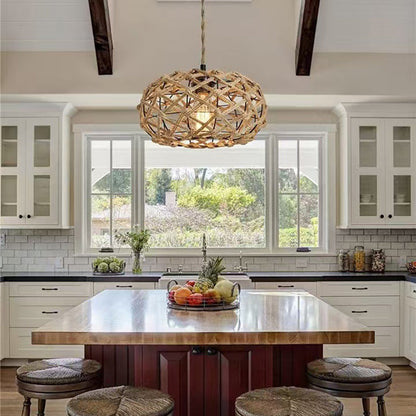 Traditional Rustic Iron & Rattan Woven Round 1-Light Adjustable Pendant Light For Bedroom & Living Room
