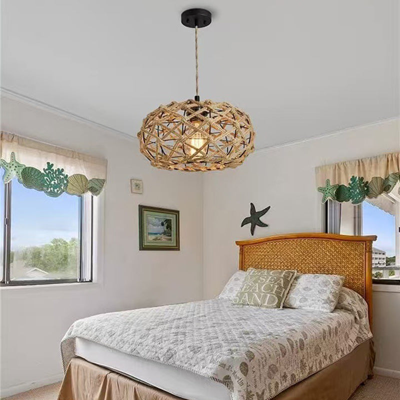 Traditional Rustic Iron & Rattan Woven Round 1-Light Adjustable Pendant Light For Bedroom & Living Room