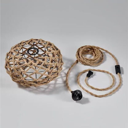 Traditional Rustic Iron & Rattan Woven Round 1-Light Adjustable Pendant Light For Bedroom & Living Room