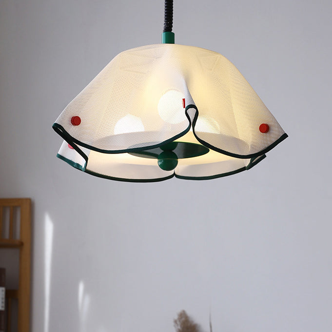Modern Mid-Century Iron, Acrylic & Fabric Petal Shaped 3-Light Pendant Light For Bedroom & Living Room
