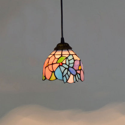 Traditional Tiffany Iron & Colored Glass Dome-shaped, Irregular Patterned Glass Shade 1-Light Pendant Light Bedroom & Living Room
