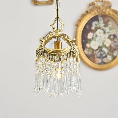Traditional French Copper & Crystal Round Tassel 1-Light Pendant Light For Bedroom & Living Room