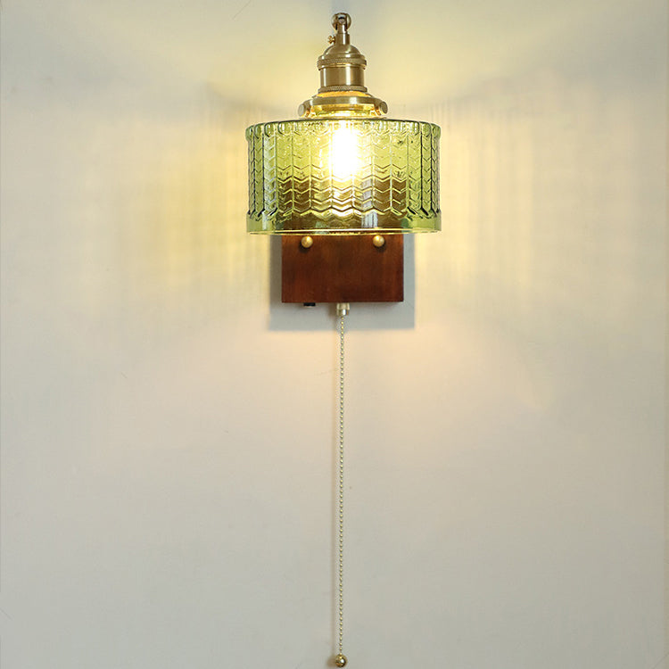 Traditional Japanese Copper Wood Glass Cylinder 1-Light Wall Sconce Lamp For Bedroom & Living Room