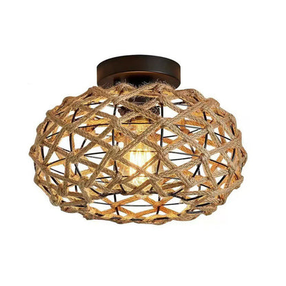 Traditional Rustic Iron & Rattan Woven Round 1-Light Semi-Flush Mount Ceiling Light For Bedroom & Living Room