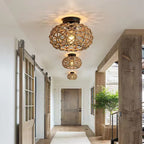 Traditional Rustic Iron & Rattan Woven Round 1-Light Semi-Flush Mount Ceiling Light For Bedroom & Living Room