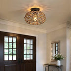 Traditional Rustic Iron & Rattan Woven Round 1-Light Semi-Flush Mount Ceiling Light For Bedroom & Living Room
