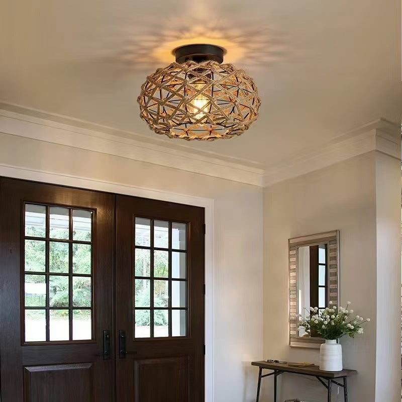Traditional Rustic Iron & Rattan Woven Round 1-Light Semi-Flush Mount Ceiling Light For Bedroom & Living Room