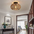 Traditional Rustic Iron & Rattan Woven Round 1-Light Semi-Flush Mount Ceiling Light For Bedroom & Living Room