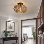 Traditional Rustic Iron & Rattan Woven Round 1-Light Semi-Flush Mount Ceiling Light For Bedroom & Living Room