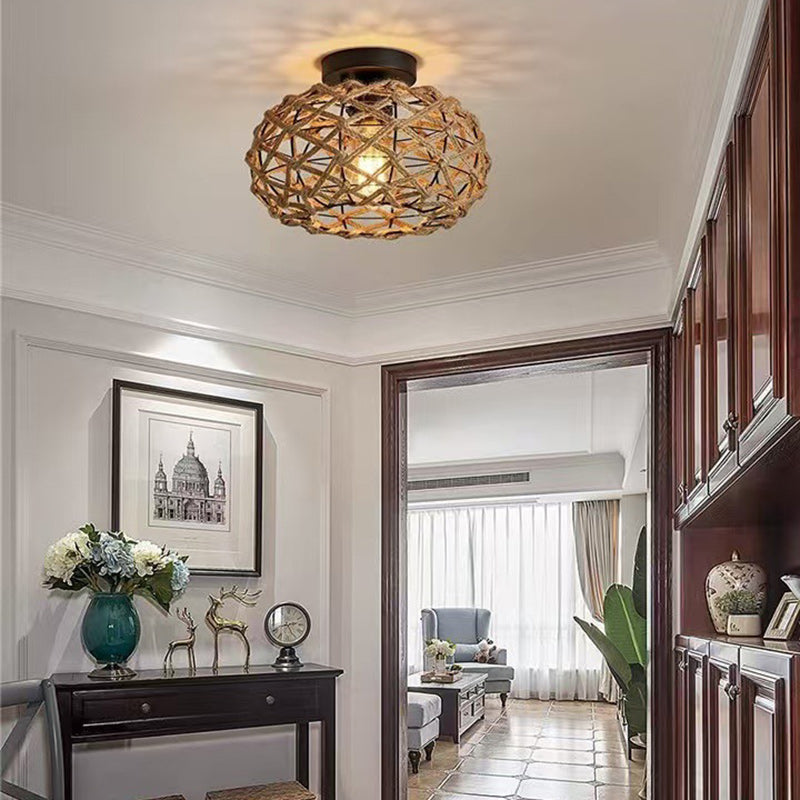Traditional Rustic Iron & Rattan Woven Round 1-Light Semi-Flush Mount Ceiling Light For Bedroom & Living Room