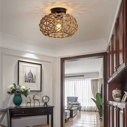 Traditional Rustic Iron & Rattan Woven Round 1-Light Semi-Flush Mount Ceiling Light For Bedroom & Living Room