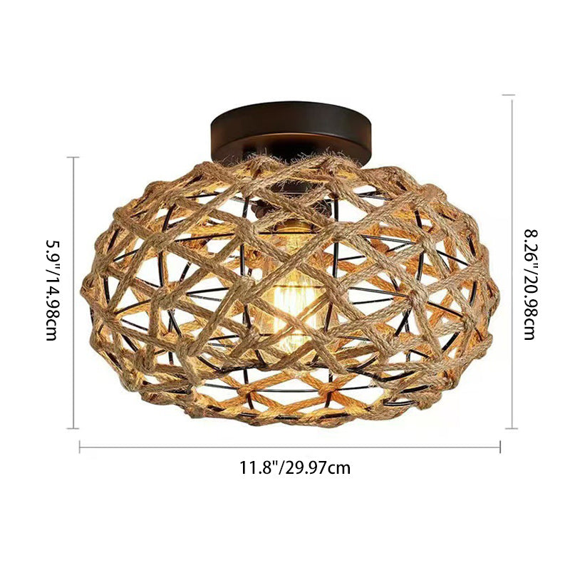 Traditional Rustic Iron & Rattan Woven Round 1-Light Semi-Flush Mount Ceiling Light For Bedroom & Living Room