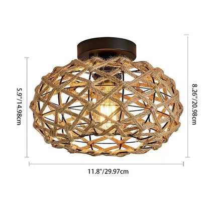Traditional Rustic Iron & Rattan Woven Round 1-Light Semi-Flush Mount Ceiling Light For Bedroom & Living Room