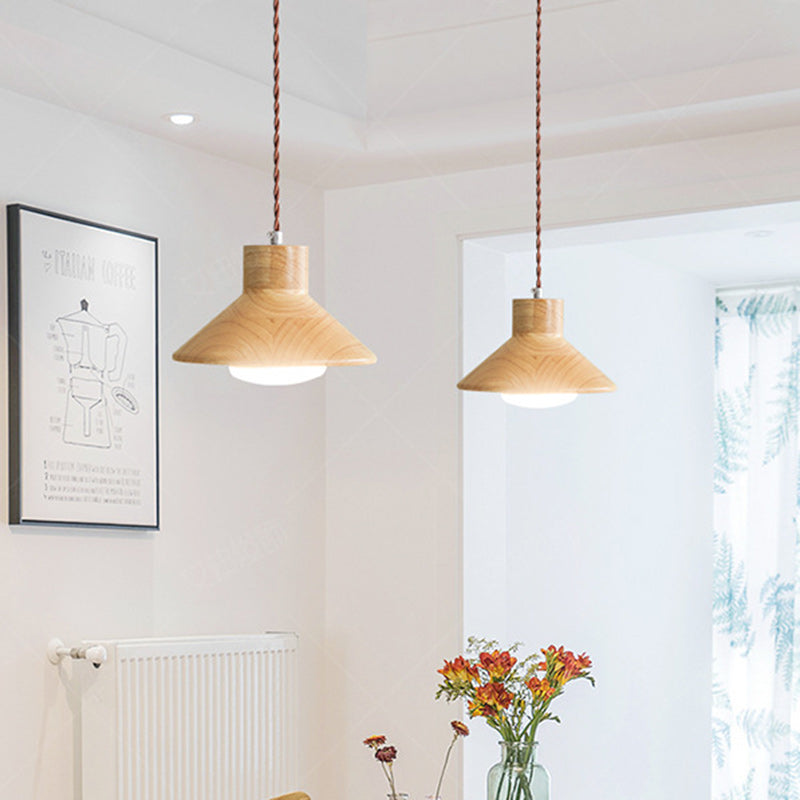Traditional Japanese Wood Conical 1-light Pendant Light for Bedroom & Living Room