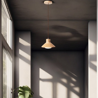 Traditional Japanese Wood Conical 1-light Pendant Light for Bedroom & Living Room