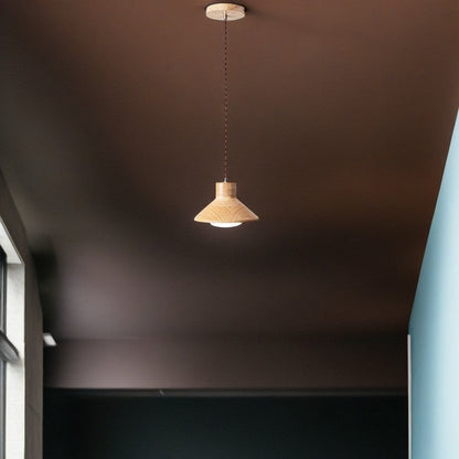 Traditional Japanese Wood Conical 1-light Pendant Light for Bedroom & Living Room