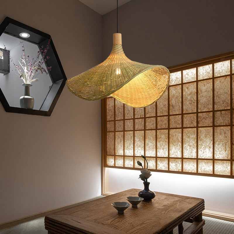 Traditional Chinese Bamboo Straw Hat 1-Light Pendant Light For Bedroom & Living Room