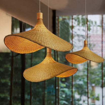 Traditional Chinese Bamboo Straw Hat 1-Light Pendant Light For Bedroom & Living Room