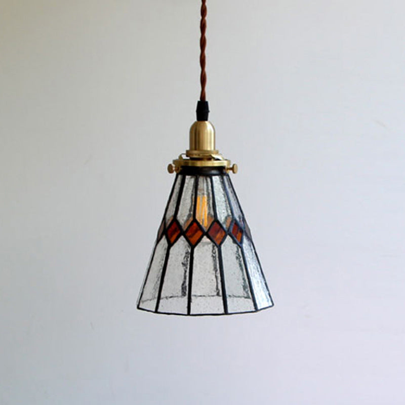 Traditional Vintage Iron & Glass Ribbed Cone 1-Light Pendant Light For Bedroom & Living Room