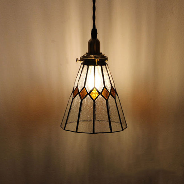 Traditional Vintage Iron & Glass Ribbed Cone 1-Light Pendant Light For Bedroom & Living Room