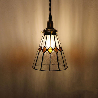 Traditional Vintage Iron & Glass Ribbed Cone 1-Light Pendant Light For Bedroom & Living Room