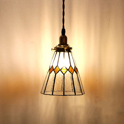 Traditional Vintage Iron & Glass Ribbed Cone 1-Light Pendant Light For Bedroom & Living Room