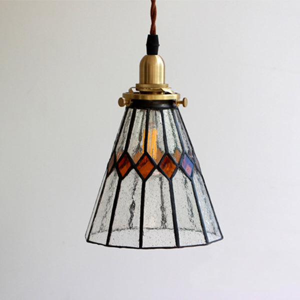 Traditional Vintage Iron & Glass Ribbed Cone 1-Light Pendant Light For Bedroom & Living Room