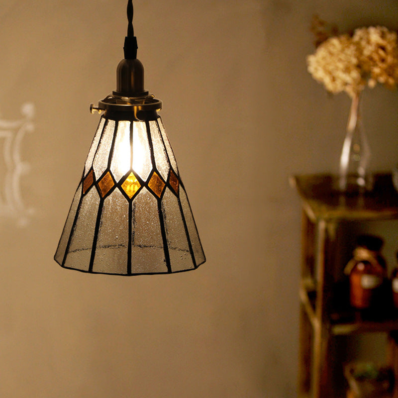 Traditional Vintage Iron & Glass Ribbed Cone 1-Light Pendant Light For Bedroom & Living Room