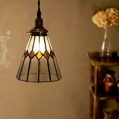 Traditional Vintage Iron & Glass Ribbed Cone 1-Light Pendant Light For Bedroom & Living Room