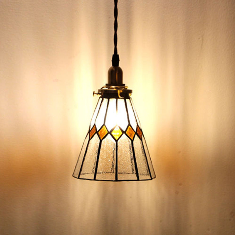 Traditional Vintage Iron & Glass Ribbed Cone 1-Light Pendant Light For Bedroom & Living Room