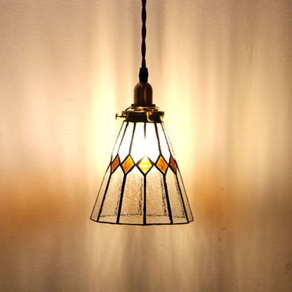 Traditional Vintage Iron & Glass Ribbed Cone 1-Light Pendant Light For Bedroom & Living Room