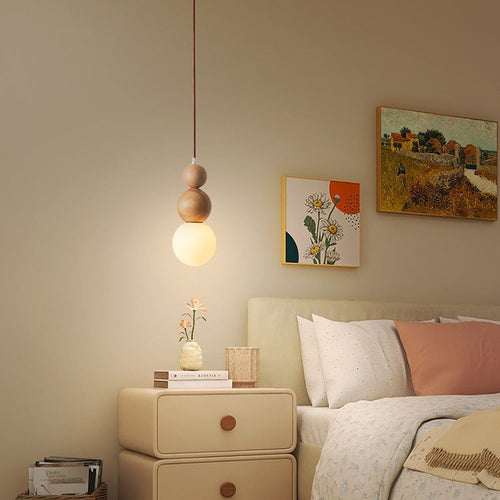 Traditional Vintage Solid Wood & Glass Round Gourd 1-Light Pendant Light For Bedroom & Living Room