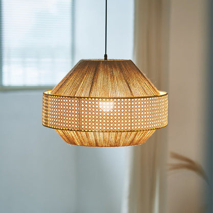 Traditional Japanese Natural Hemp Rope & Rattan Round 1-Light Pendant Light For Bedroom & Living Room